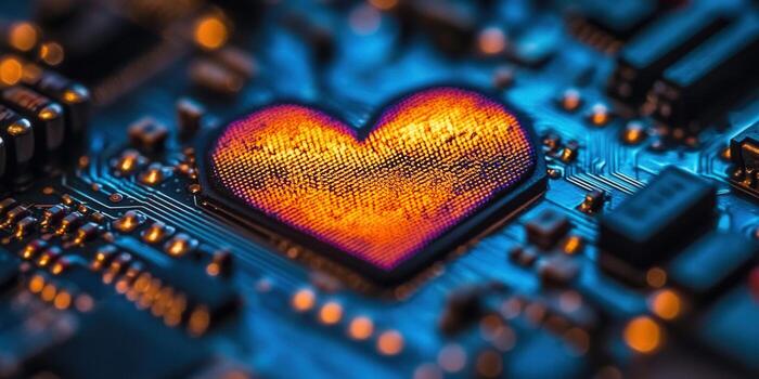 Intricate circuit board design with a heart-shaped element, perfect for tech and love concepts. photo