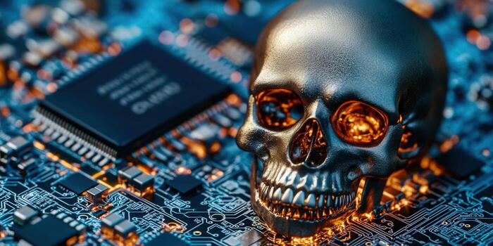 A glowing skull rests on a computer circuit board, a symbol of cyber threats and data breaches. photo