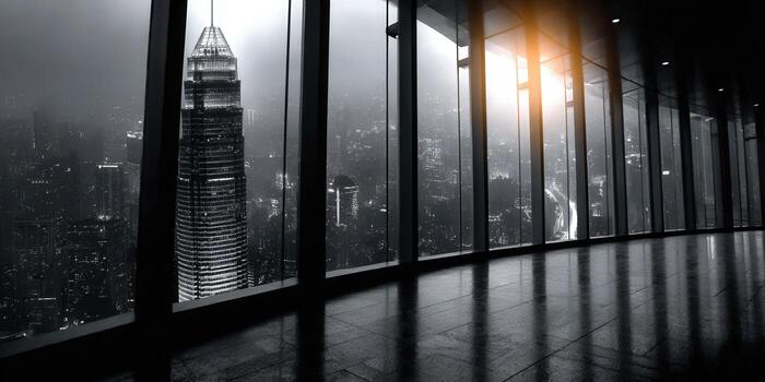 City view from a skyscraper at dusk, with city lights and a modern design photo