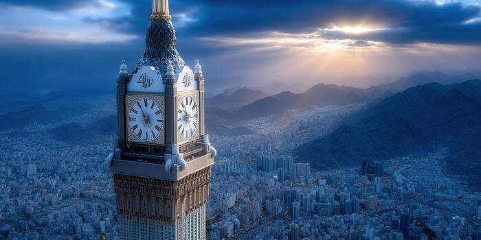 el icónico makkah real reloj torre soportes alto en el ciudad de la meca a oscuridad. foto
