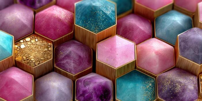 Vibrant geometric pattern of jewel-toned hexagonal tiles, creating a luxurious and abstract design. photo