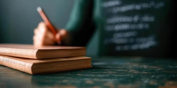 A person's hand writing in a notebook with a pencil, focused on work, with blurred background. photo