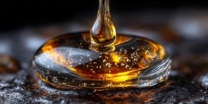 Close-up of a honey drop, showcasing its golden color and texture with a dark background. photo