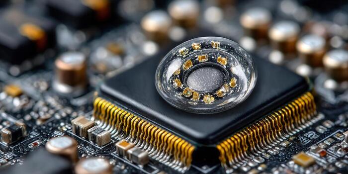 A detailed view of a microchip featuring a transparent, circular electronic component. photo