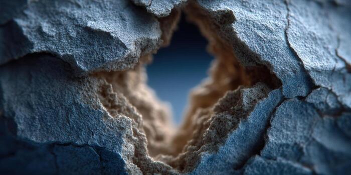 Intriguing rock formation showcasing a textured surface and a glimpse of the sky. photo