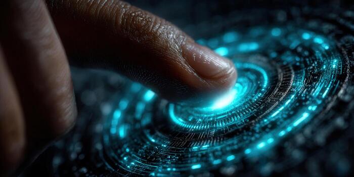 Finger touching a futuristic digital interface with glowing blue lights. photo