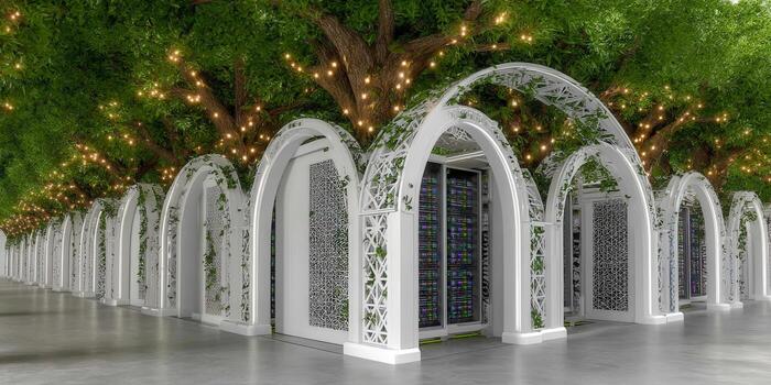 A futuristic data center concept merging technology with the serenity of a natural environment. photo