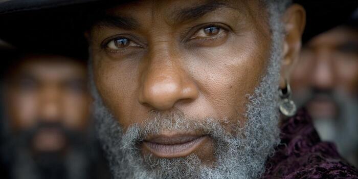A powerful portrait of a Black man with a strong, intense gaze, a grey beard and hat. photo