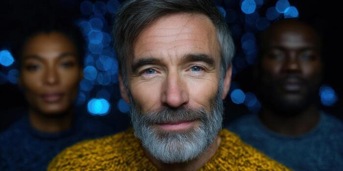 Confident mature man with a beard smiles in a portrait with two other people in the background. photo