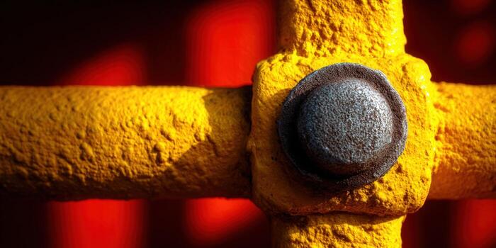 A vibrant close-up showcases a yellow pipe and a rusty bolt, with striking colors. photo