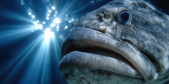 A striking close-up of a fish underwater, illuminated by radiant sunlight, showcasing its captivating features. photo