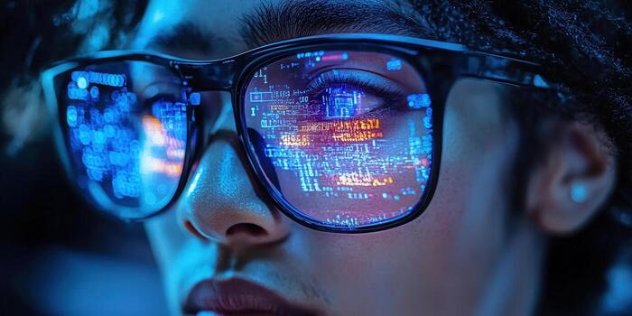 A close-up of a person's eye with glasses reflecting digital code and data. photo