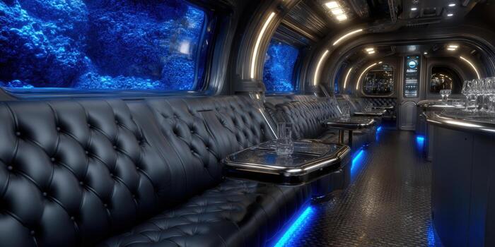 Inside a futuristic underwater lounge with sleek design and a bar. photo
