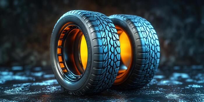 Close-up of two tires, showcasing their texture and intricate design in a dark setting. photo