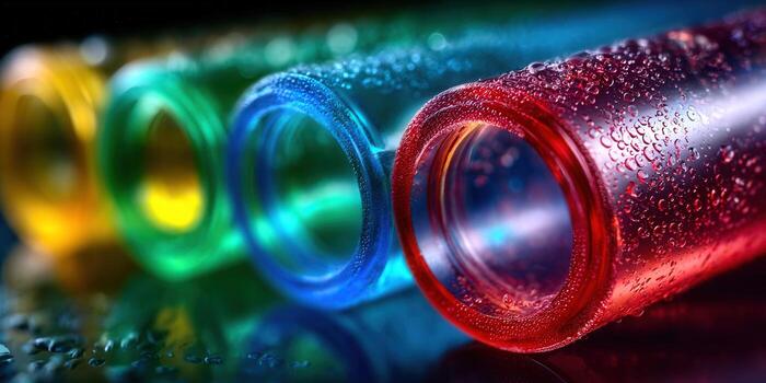 Vibrant, abstract macro shot of colorful tubes with water droplets. photo