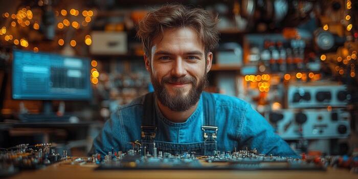 A smiling man working with electronic components in a well-lit workshop, surrounded by bokeh lights. photo