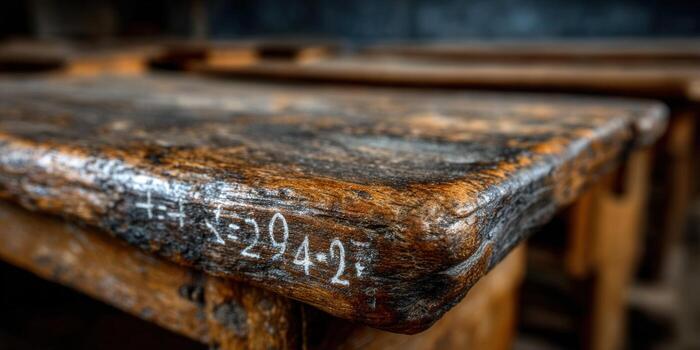 An old wooden school desk features a mathematical equation written on its surface, offering a glimpse into the past. photo