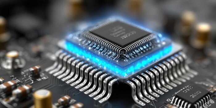 Intricate computer processor glowing with blue light, showcasing modern technology and design. photo