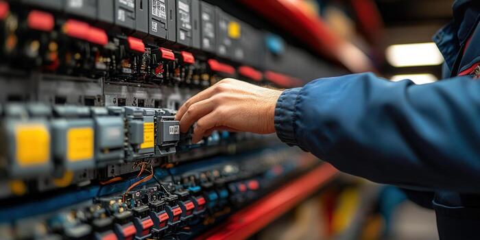 A technician's hand carefully adjusts electrical components on a panel, highlighting precision. photo