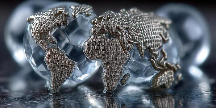 A close-up shot of a globe with a metal map of the world on a reflective surface. photo