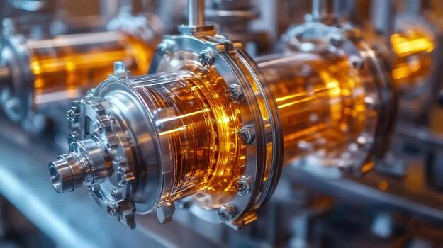 intrincado industrial maquinaria es desplegado con metálico componentes y vaso tubos, iluminado por ligero. foto