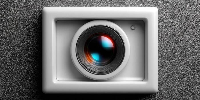 A sleek white camera, set against a textured gray background, showcasing its design. photo