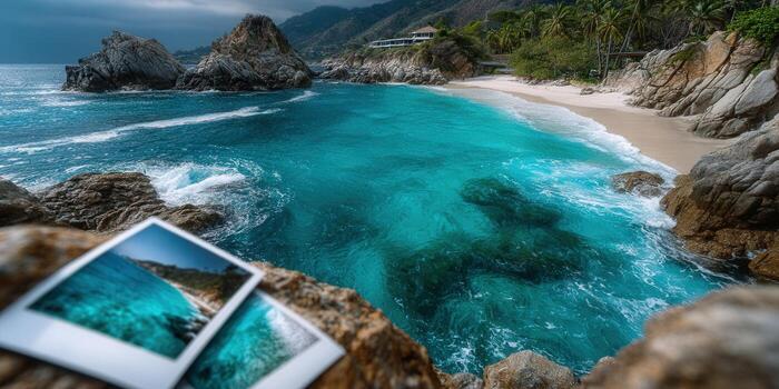 turquesa bahía con un prístino playa, enmarcado por rocoso acantilados y lozano verdor. foto