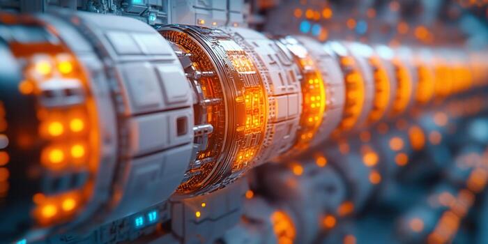 Intricate futuristic technology design, featuring glowing orange and metallic components. photo
