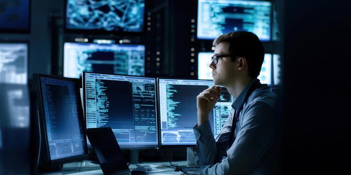 A man in a high-tech control room analyzes data on multiple computer screens, working with complex systems. photo