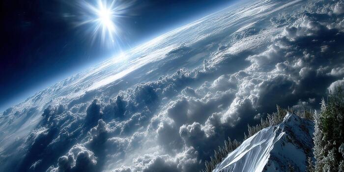 Stunning view of Earth from space, showcasing clouds, mountains, and the sun. photo