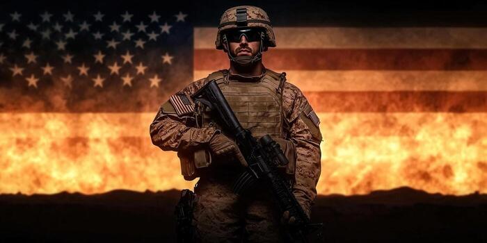 An American soldier stands guard in front of the U.S. flag and a fiery background. photo