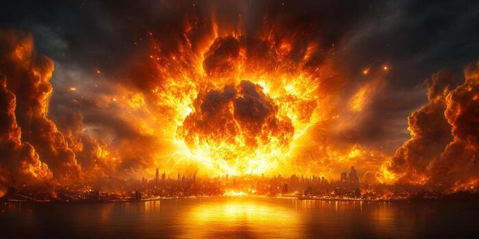 Dramatic view of a city engulfed in a massive explosion with flames and smoke filling the sky. photo