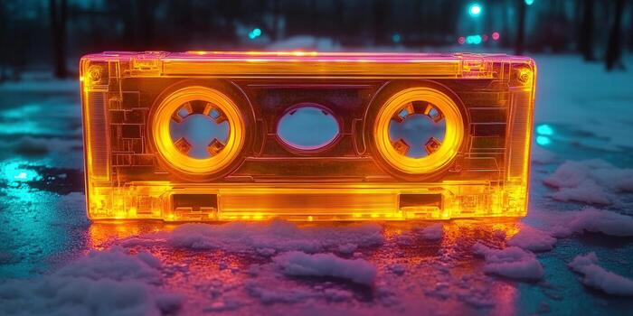 An illuminated cassette tape glows in the snow, evoking nostalgia and retro vibes. photo