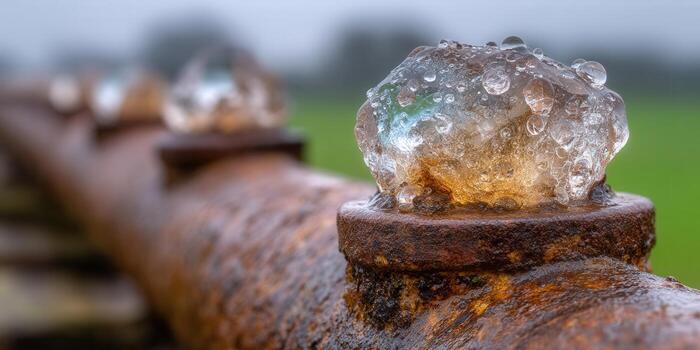 Detailed macro shot of ice formations on a rusty metal pipe, with water droplets. photo