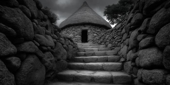 A grayscale image of a stone building with a thatched roof and stone steps. photo
