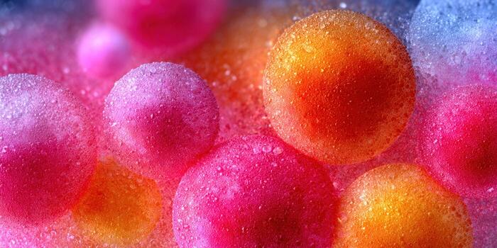 Colorful macro image of frosted spheres with a blend of pinks, oranges, and blues. photo