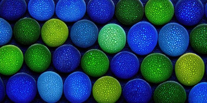 Colorful spheres with water droplets create a stunning abstract pattern, full of vibrant color. photo
