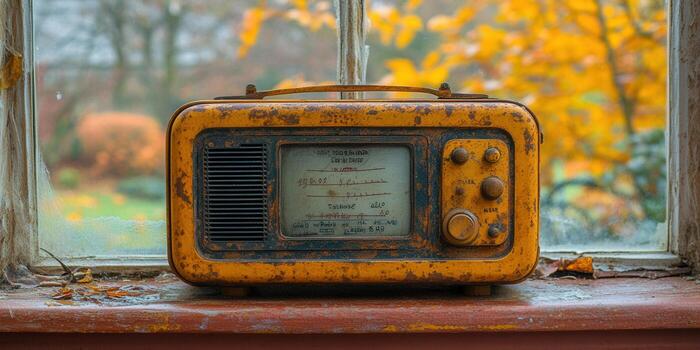 An old, rusty vintage radio sits on a windowsill with an autumn backdrop. photo