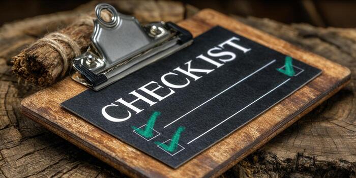 Checklist with green checkmarks on a wooden clipboard indicating completion and success. photo