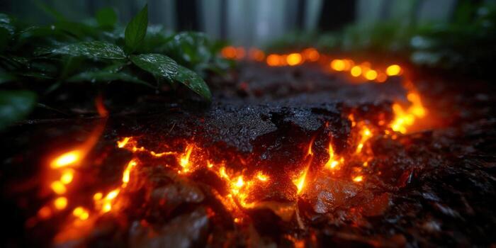 Lava flows through a forest floor with vibrant orange and yellow hues, creating a dramatic scene. photo
