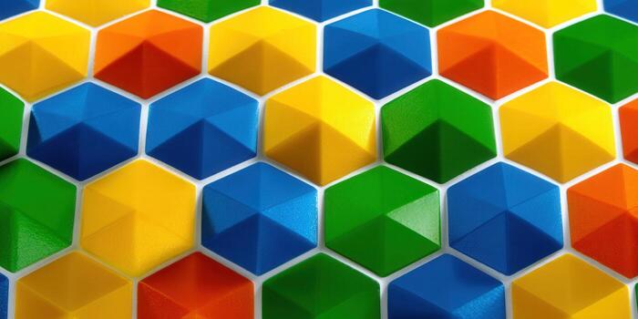 Colorful hexagon tiles create a visually striking, abstract pattern with a sense of depth and order. photo