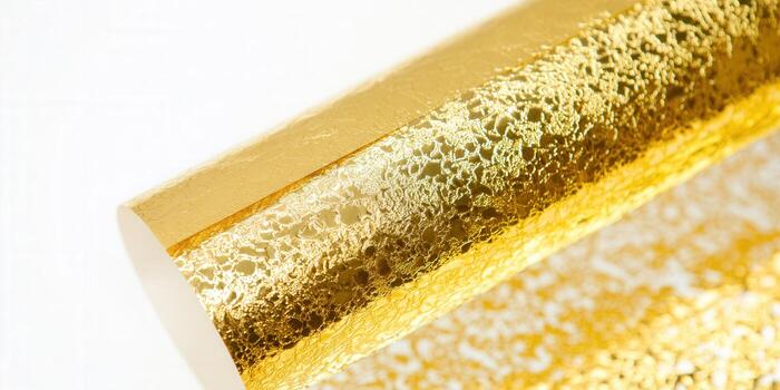 A roll of golden foil paper with a textured surface is displayed against a white backdrop. photo
