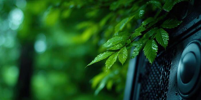 Green leaves with raindrops on a speaker, set in a lush outdoor environment. photo