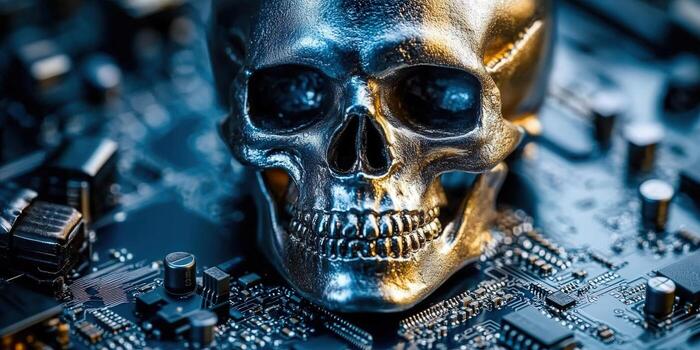 Metallic skull on a circuit board, representing technological cyber security and data. photo