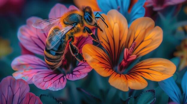 A bee diligently gathering nectar from a colorful flower in the garden. photo