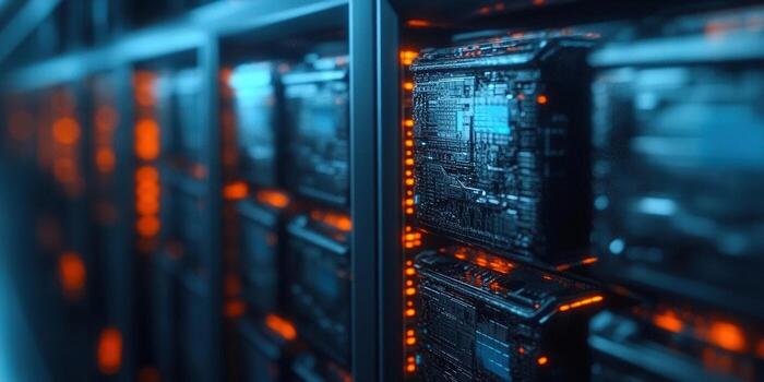 Server room filled with data servers, representing modern technology and digital infrastructure. photo