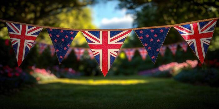 British flag bunting hangs across a garden setting, creating a festive scene. photo