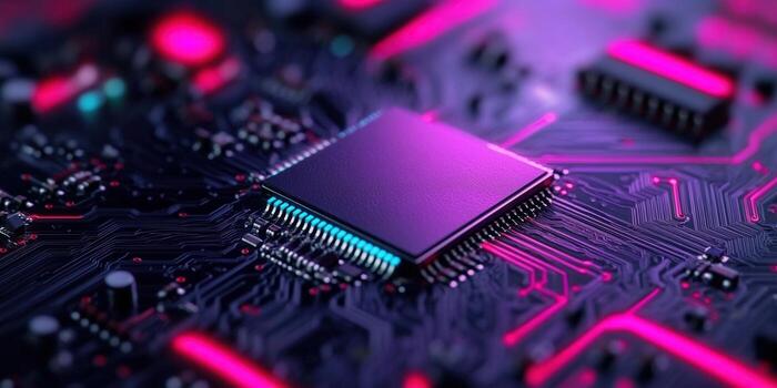 A close-up of a computer processor illuminated with neon purple lights. photo