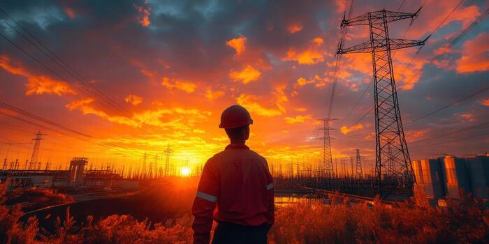 An engineer stands before a stunning sunset overlooking the power grid. photo