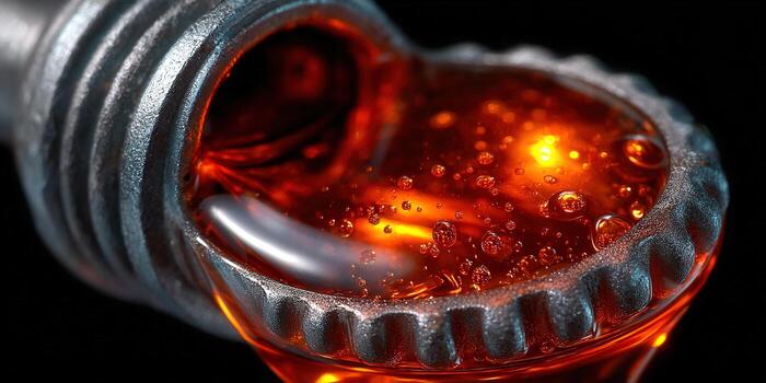 A macro shot reveals the intricate details of oil in a metal component against a dark backdrop. photo